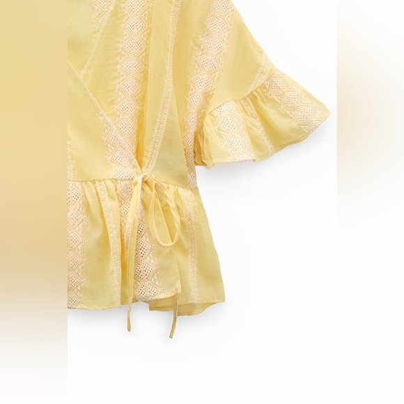 Zara Ruffled Sleeve Embroidered Peasant Wrap Top Yellow Size Medium - Picture 13 of 13